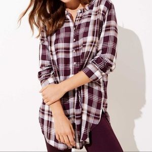 LOFT Shimmer Plaid Henley Popover Blouse Plum Size Small